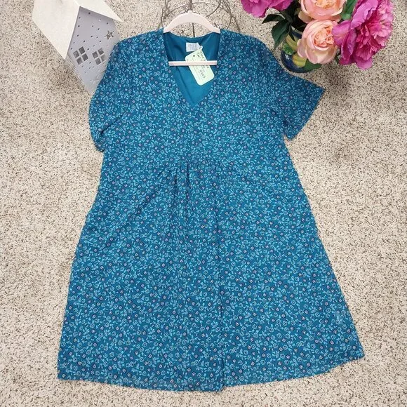 3603 Size Large Time and True Dark Teal Floral Lined Dress. - Picture 1 of 7